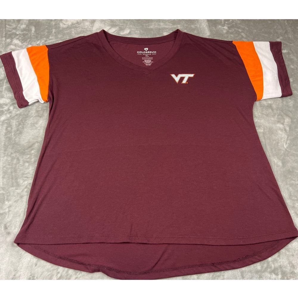 Colosseum Virginia Tech Hokies Womens XL Maroon Rhinestone  V-Neck Tee Shirt‎
